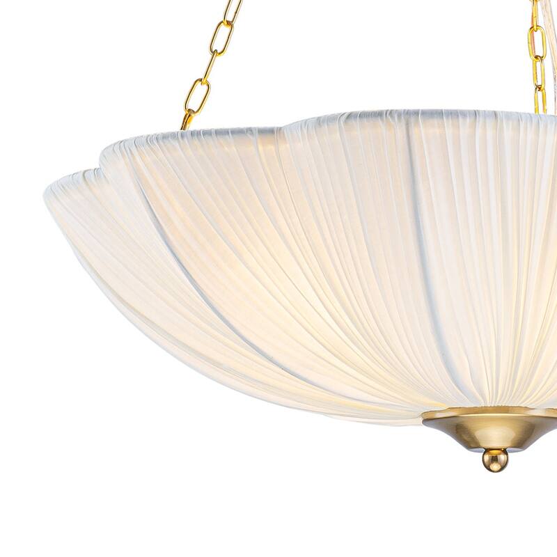 French Country White Ribbed Fabric Bloom Cage Pendant Light 19.3 in