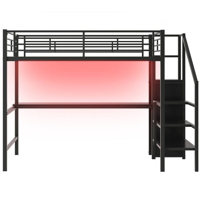 Metal Loft Bed with Bulit-in Desk, Small Wardrobe and LED Light, Full Size Loft Bedframe w/ Storage Staircase & Shelves for Kids
