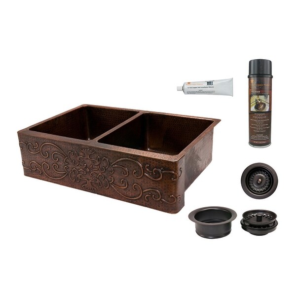 Premier Copper Products KSP3_KA50DB33229S 33" Double Basin Farmhouse 14-Gauge Copper Kitchen Sink with Matching Drain and