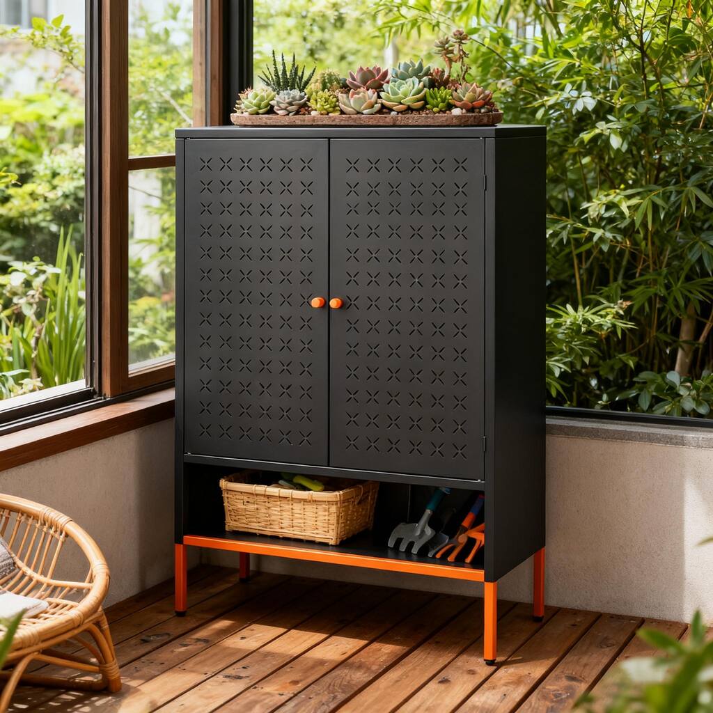 Anmytek Industrial Storage Cabinet Matte Black Perforated Metal Doors Organizer