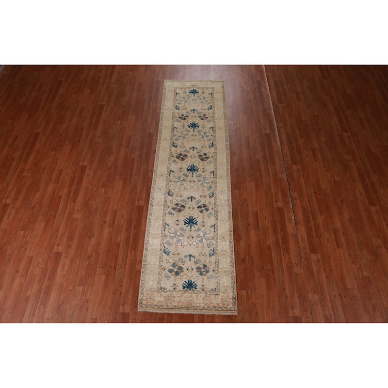 Hand Knotted Oriental 100% Wool Carpet Transitional All-Over Beige & Ivories Oushak Runner Rug - 9' 9'' X 2' 8''