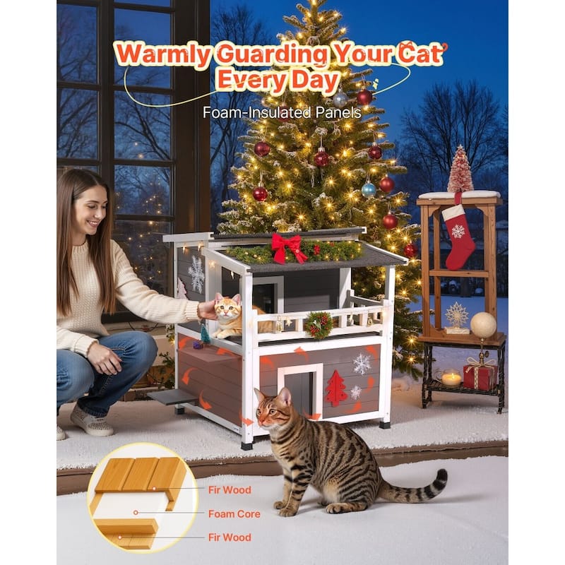 White-Grey Insulated Outdoor Wooden Cat House with Weatherproof and Two-Story Shelter for Multiple Cats