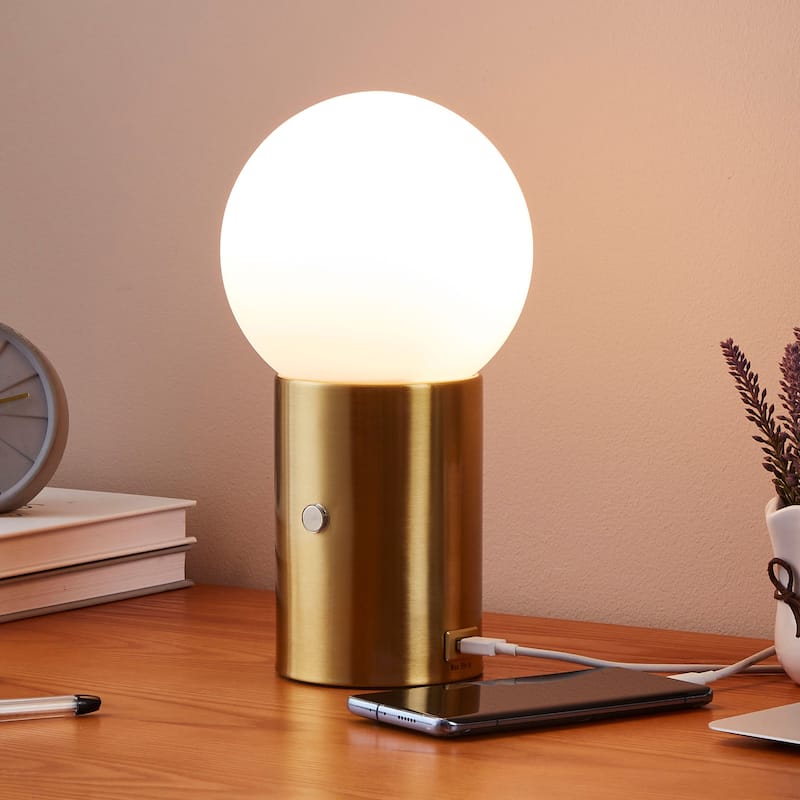 Brightech Kai 11 in. Antique Brass Mid-Century Modern Integrated LED Bedside Table Lamp with Built-In 3-Way Dimmer