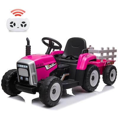 12V Kids Electric Tractor w/Remote Control Treaded Tires,Battery Powered Ride On Tractor with Trailer & 2+1-Gear-Shift