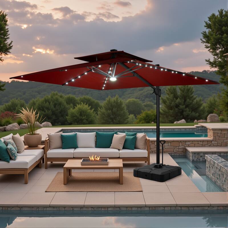 9 FT x 11 FT Outdoor LED Lighted Double Top Patio Cantilever Umbrella with Base