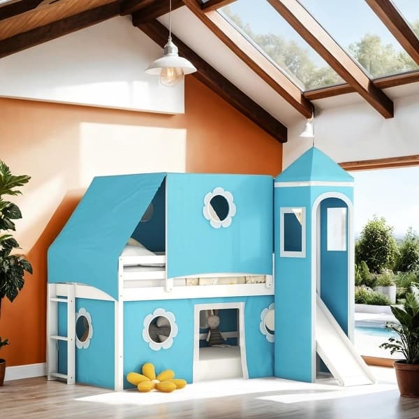 slide 2 of 31, Twin Size Loft Bed with Slide Blue Tent and Tower, Pink