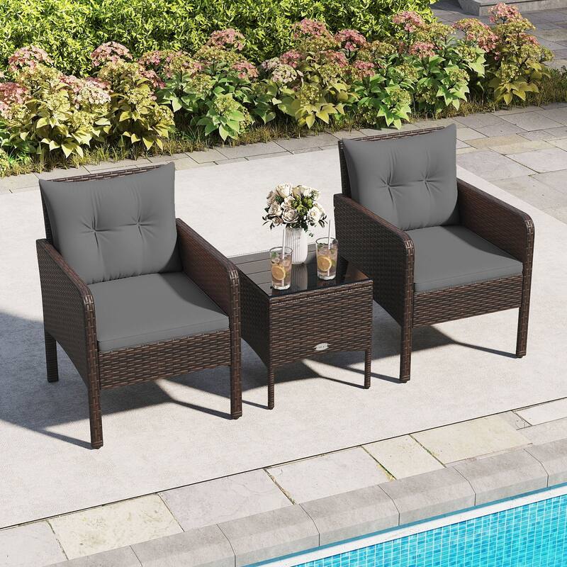 Gymax 3 PCS Patio PE Wicker Furniture Set w/Cushions & Tempered Glass - Grey