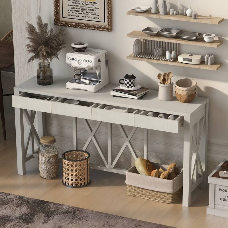 Anmytek Blue Acacia Wood Console Table with 4 Drawers X Base Design for Entryway and Kitchen Storage - White