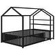 preview thumbnail 8 of 10, Black Full Size House Bed for Kids, Metal Montessori Floor Bed Frame with Fence for Boys, Girls, Detachable Storage Shelves