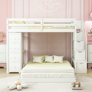Elegant & Simple Twin over Full Bunk Bed with 3-layer Shelves, Drawers and Storage Stairs, Study, Health and Comfort, White