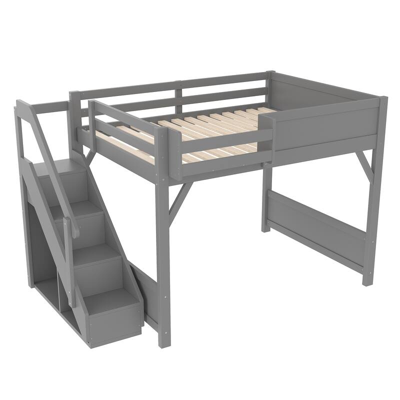 Roomfitters Loft Bed with Wardrobe and Storage Stairs, Solid Wood Frame with Bedside Shelves