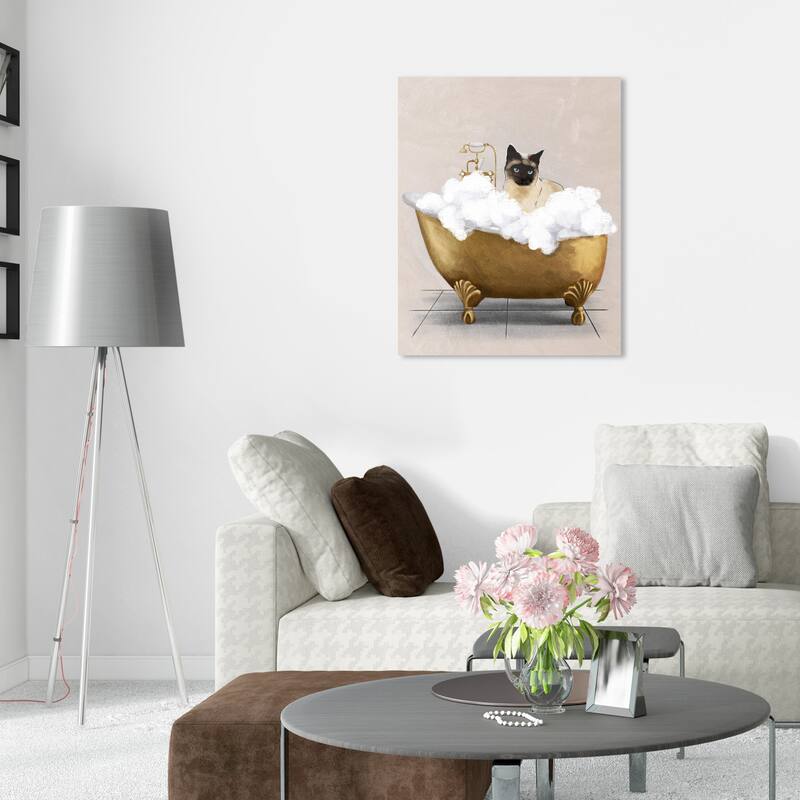 Oliver Gal Bath and Laundry Bathtub Cat Gold and Metallic Gold Glam Wall Art Canvas Print - 36.0 x 30.0