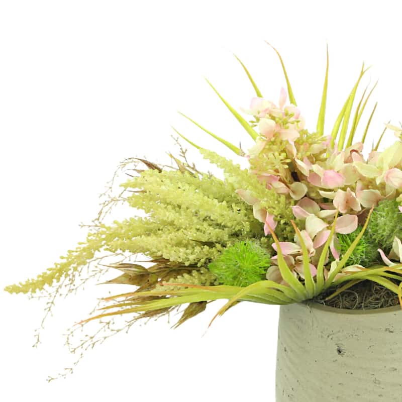 Hydrangea and Palm Floral Arrangement - Pink, Beige, Gray