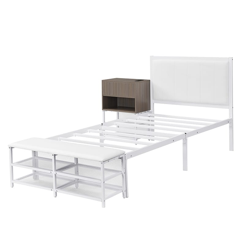 Stylish Twin Metal Platform Bed with Soft Upholstered Frame, Two-Tier Storage Shelves, Wooden Cabinet, and Cushioned Footrest