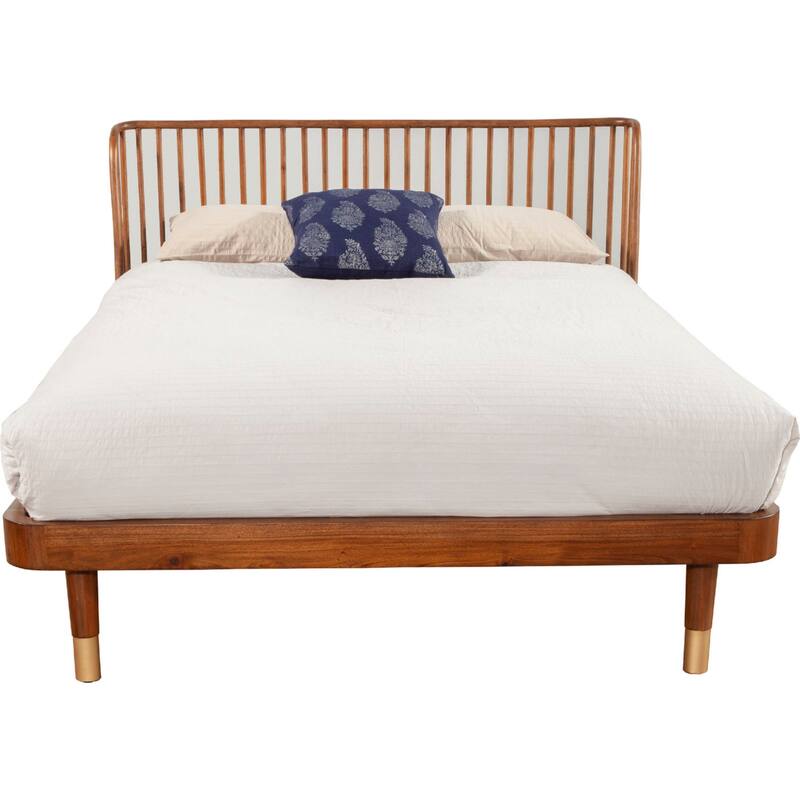 California King Platform Bed with Slat Back Rattan Headboard, Brown
