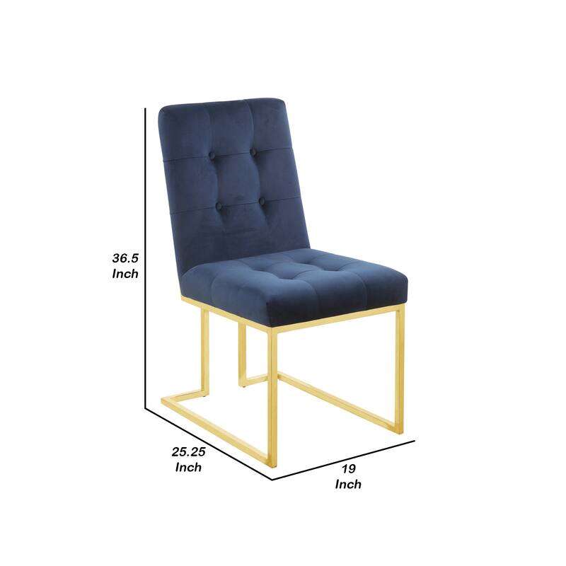 19 Inch Modern Dining Chair, Set of 2, Blue Velvet Fabric, Gold Metal Frame