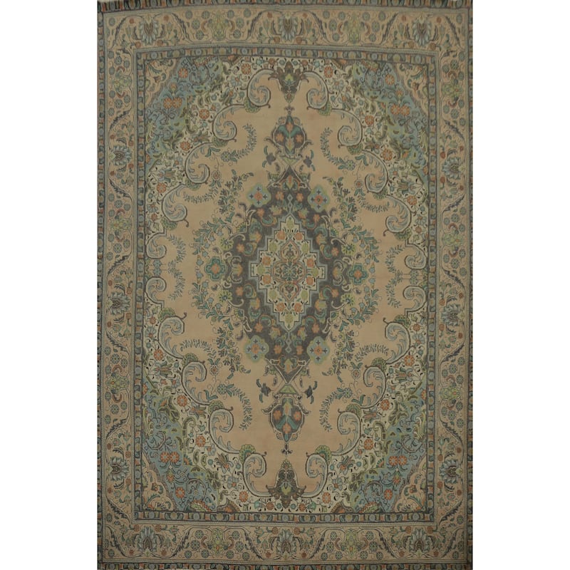 Hand Knotted Oriental 100% Wool Carpet Traditional Floral Beige & Ivories Tabriz Area Rug - 12' 9'' X 9' 8''
