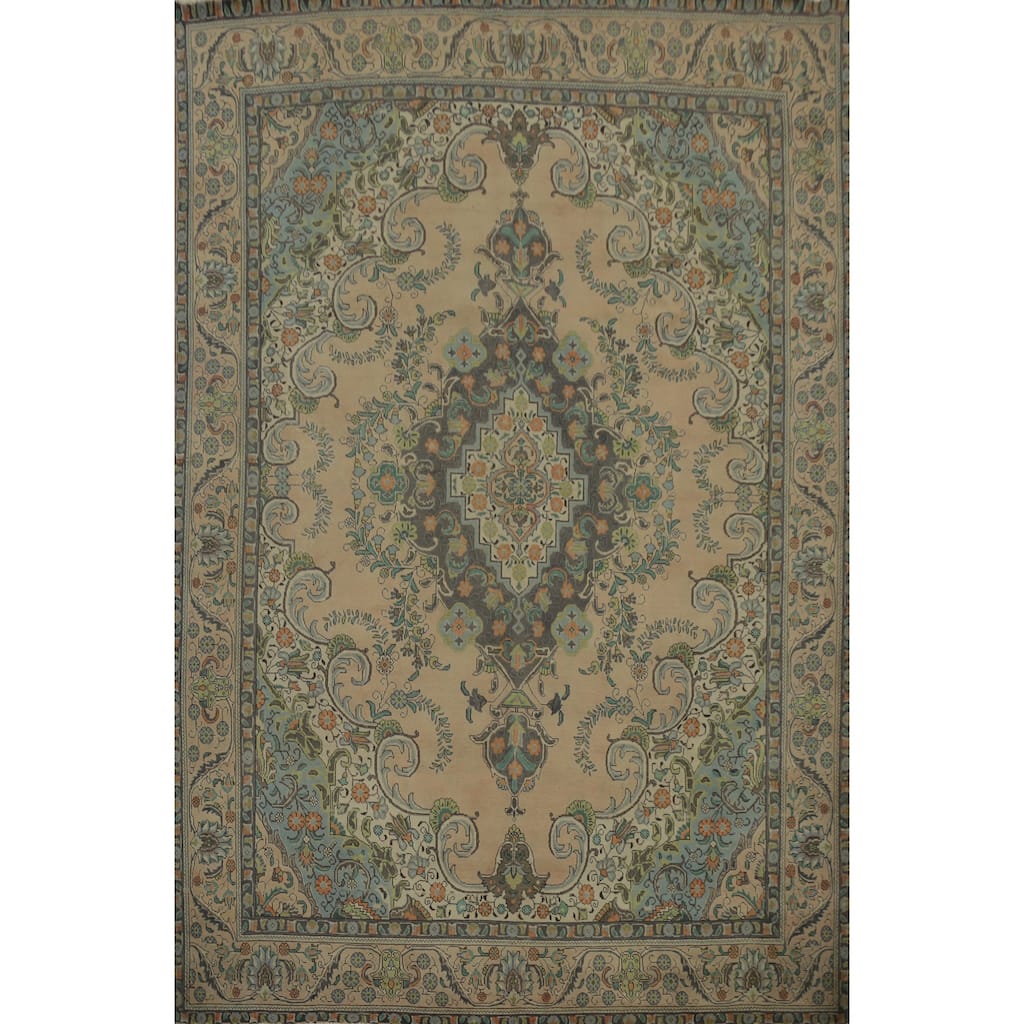 Hand Knotted Oriental 100% Wool Carpet Traditional Floral Beige & Ivories Tabriz Area Rug - 12' 9'' X 9' 8''