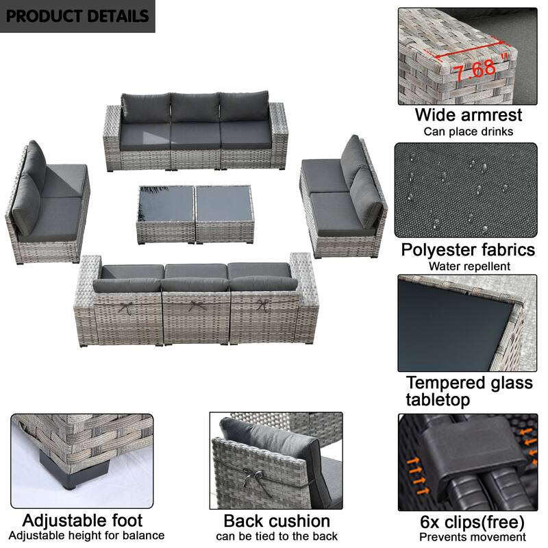 HOOOWOOO 12-Piece Rattan Outdoor Patio Furniture Modular Wide Armrest Sectional Set