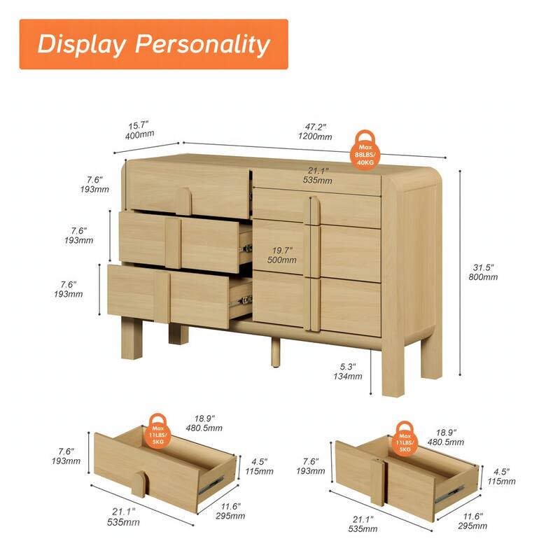 WAMPAT Modern 6 Drawer Dresser TV Stand For 55 Inch TV, Curved Entertainment Center, Wood TV Console With Storage