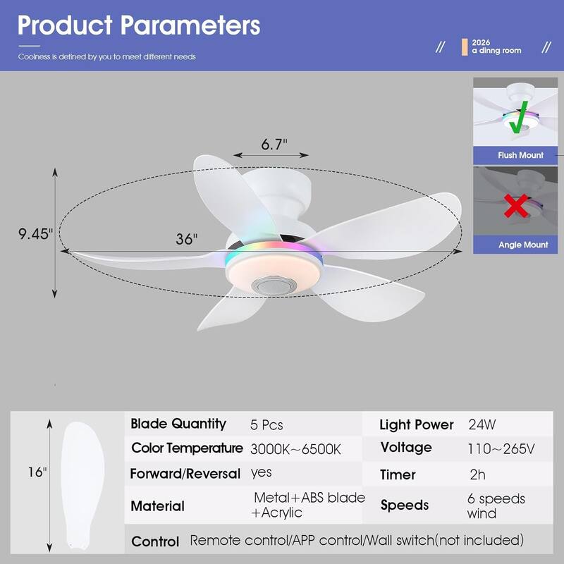 Kviflon 36/46 inches RGB Flush Mount Ceiling Fan with Light and Remote and Speaker-White