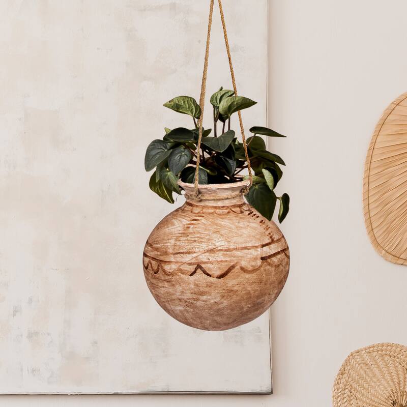 Clay Planter Pot with Painted Design and Jute Rope, Terra-cotta - Orange