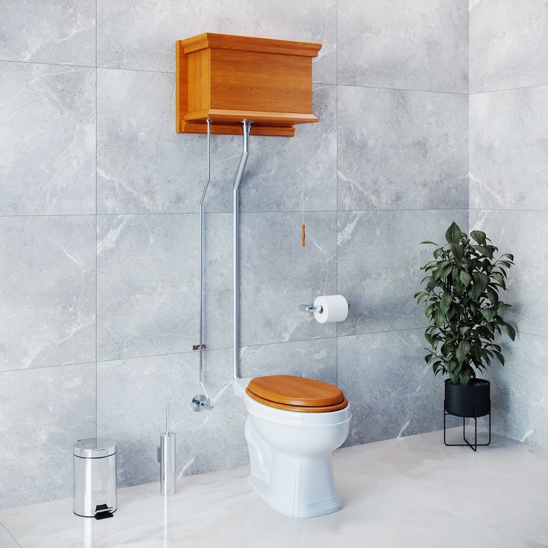 High Tank Toilet - Light Mahogany Flat Tank, Chrome L Pipe and Elongated White Bowl Renovators Supply