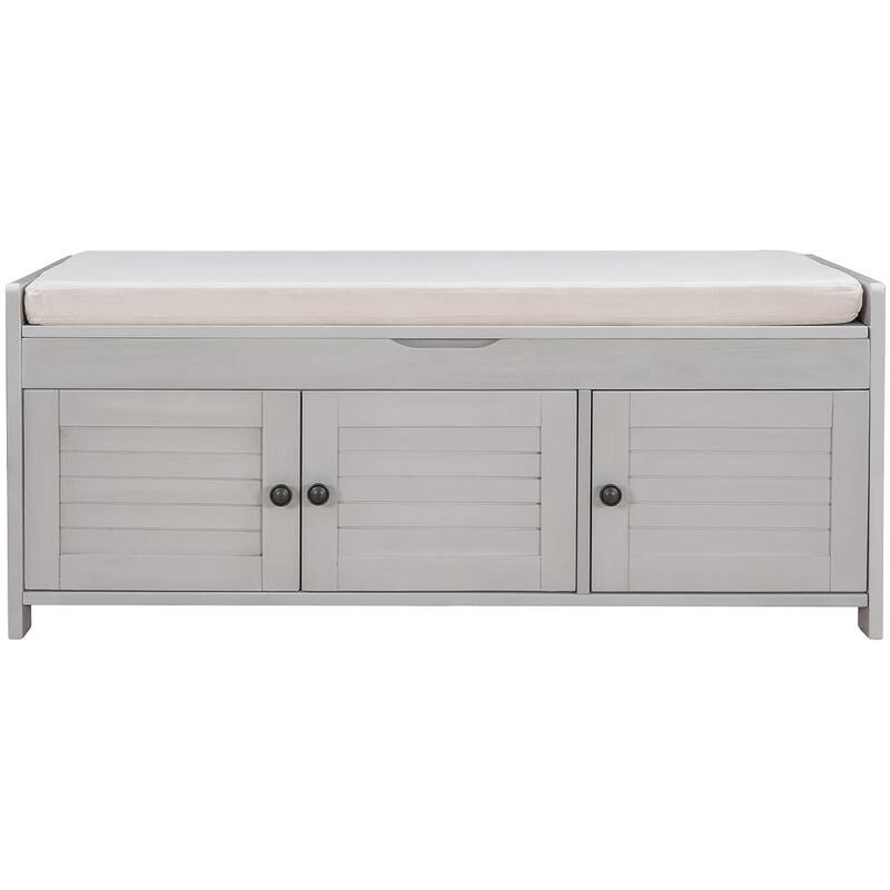 3-drawer Wooden Storage Bench with Cushion - Grey