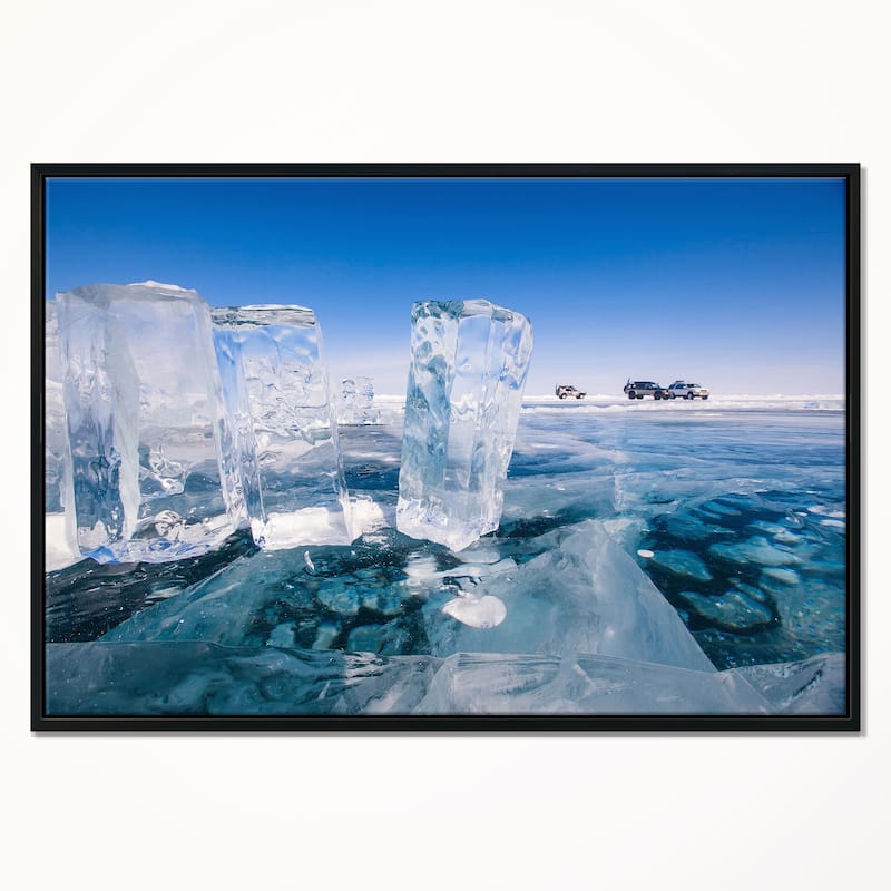 Designart "Blue Ice and Off road Cars" Landscape Artwork Print on Framed Canvas