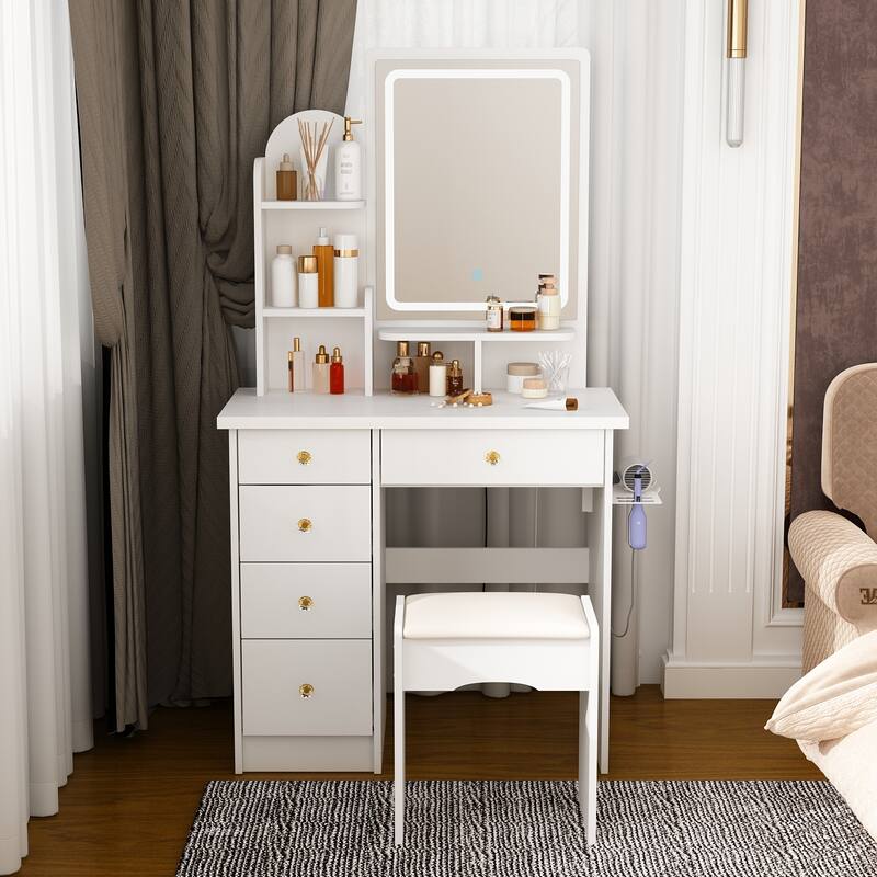 Vanity Desk with Lights,Makeup Vanity w/Power Strip,Dressing Table Set