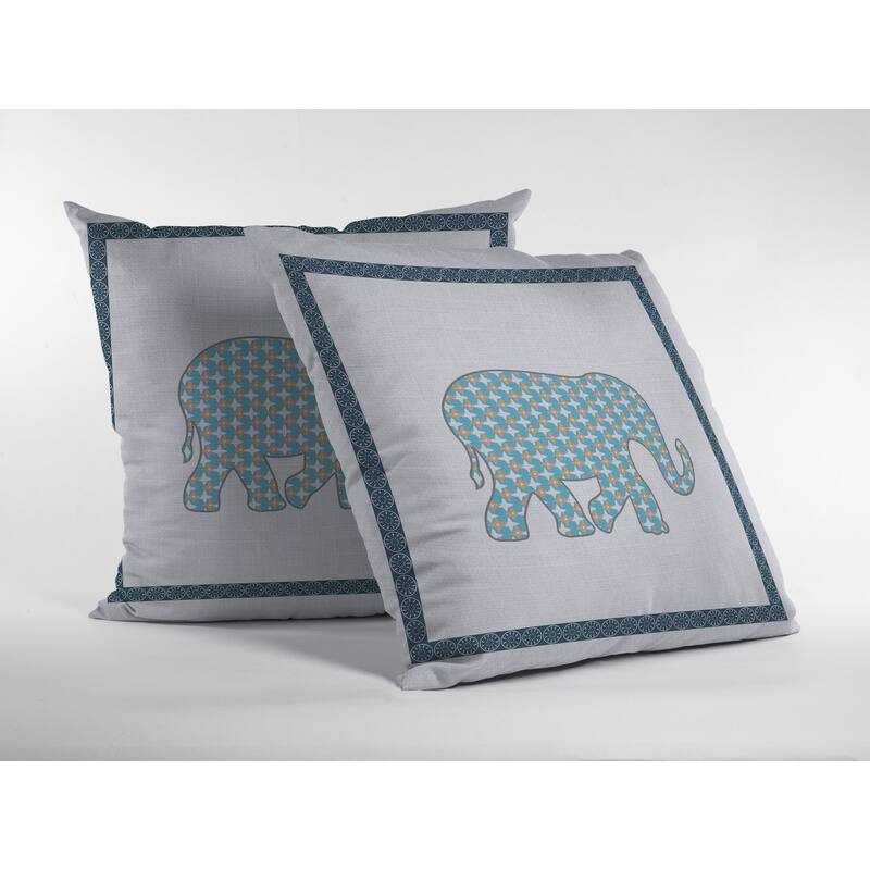 16" Blue White Elephant Zippered Suede Throw Pillow