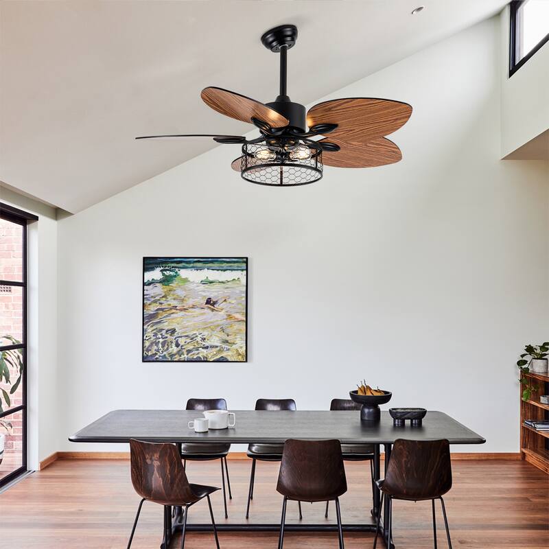 52" Farmhouse Style Wood Walnut Ceiling Fan With Lights and Remote Control, Dimmable LED Optional