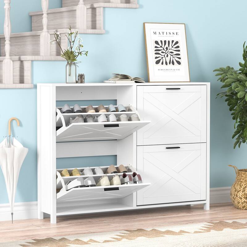 Anmytek 24 Pair Shoe Cabinet with 4 Flip Drawers - Space-Saving Entryway Storage