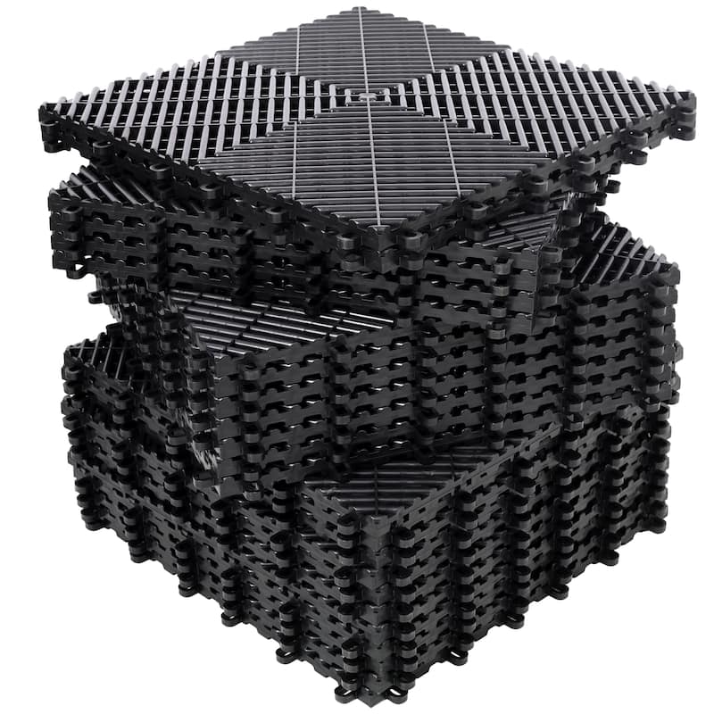 Anmytek Heavy Duty Interlocking Garage Floor Tiles Modular Plastic Snap Together Non Slip Drainage Mats - Black