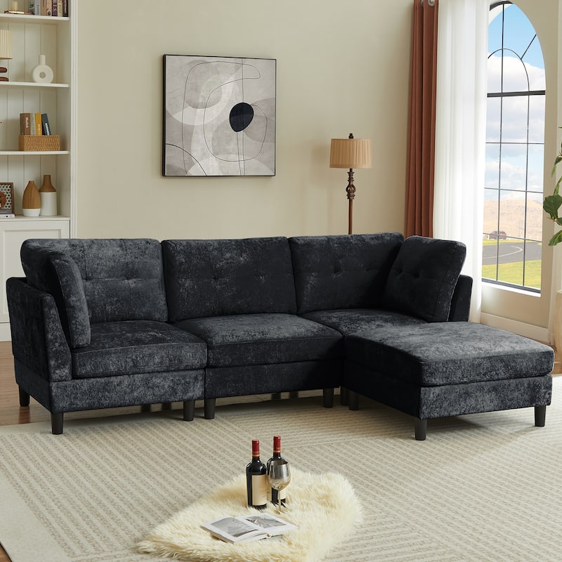 99.4" Chenille High Armrest L Shaped Sofa with Ottoman