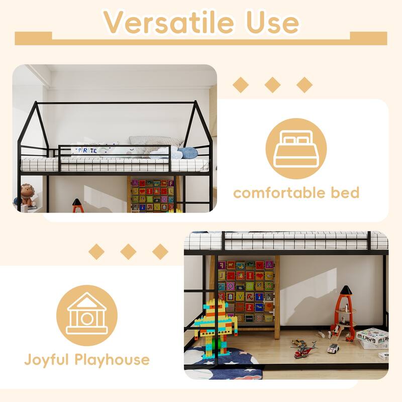 Twin Size Floor Bunk Bed, Iron House Bunk Bed Frame, Twin over Twin, Heavy Duty Metal Slat Support, No Box Spring Needed