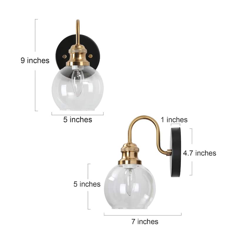 Mid-Century Modern Wall Sconce Lighting with Round Glass Bathroom Gold Vanity Lights - 5" L x 7" W x 9" H