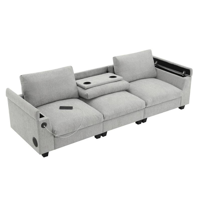 96" Modern Chenille Sectional Sofa with Bluetooth Speaker ,USB and Cup Holders