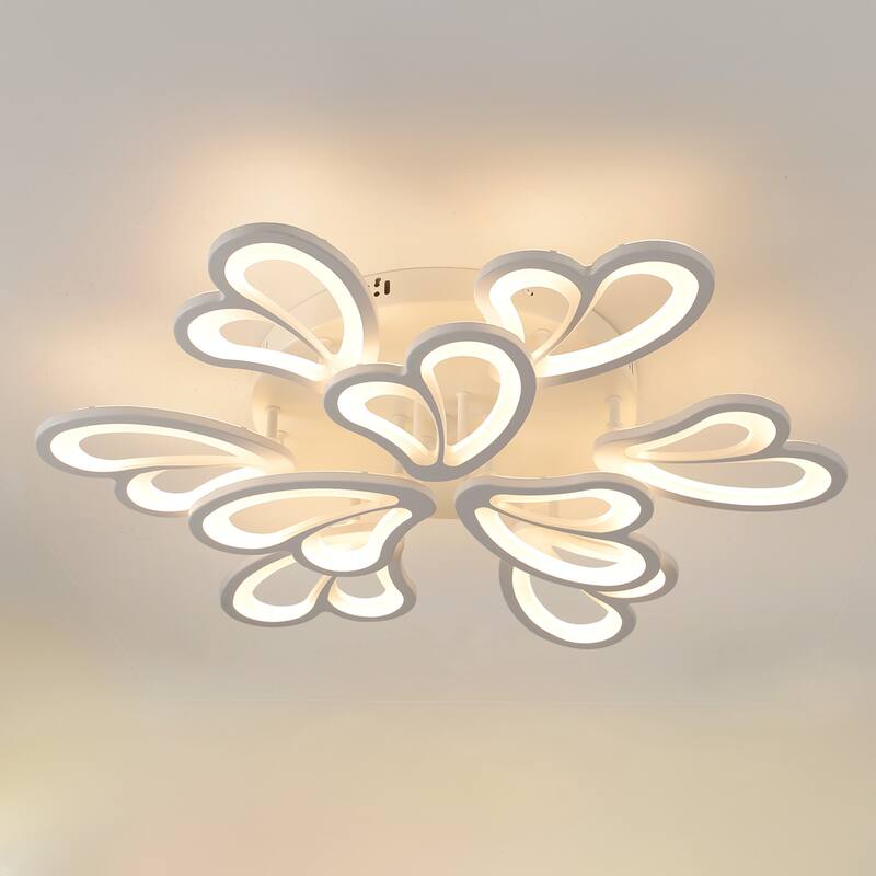 Indoor Modern Dimmable LED Semi-Flush Mount Ceiling Light Fixture with Remote and Creative Flower Lampshade