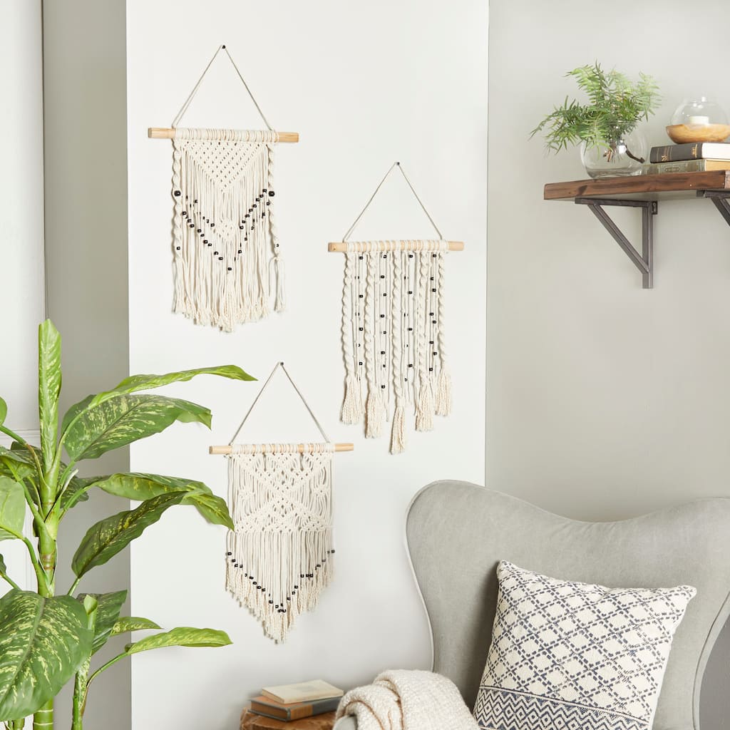 Cream Cotton Fabric Handmade Intricately Weaved Macrame Home Wall Decor with Beaded Fringe Tassels (Set of 3)