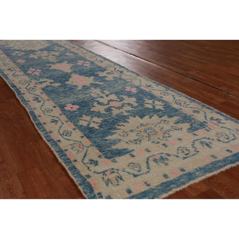 Hand Knotted Oriental 100% Wool Carpet Transitional Geometric Navy Blue & Blues Oushak Runner Rug - 9' 4'' X 3' 0''