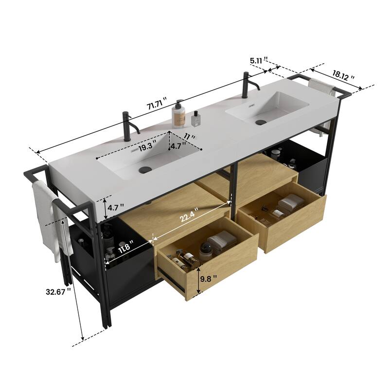 GDFStudio - Forte Industrial Metal Frame Bathroom Vanity with Artificial Stone Basin, Towel Rack & Open Storage