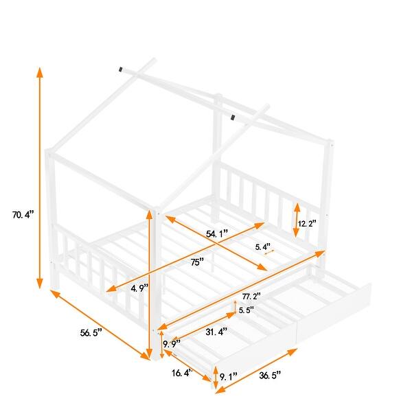 dimension image slide 1 of 2, Full Size Metal House Platform Kids Bed Frame with Headboard, Footboard, 2-Storage Drawers & Roof Design for Bedroom, White