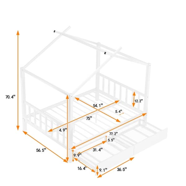 White Full Size Metal House Platform Bed with Two Storage Drawers, Headboard, and Footboard