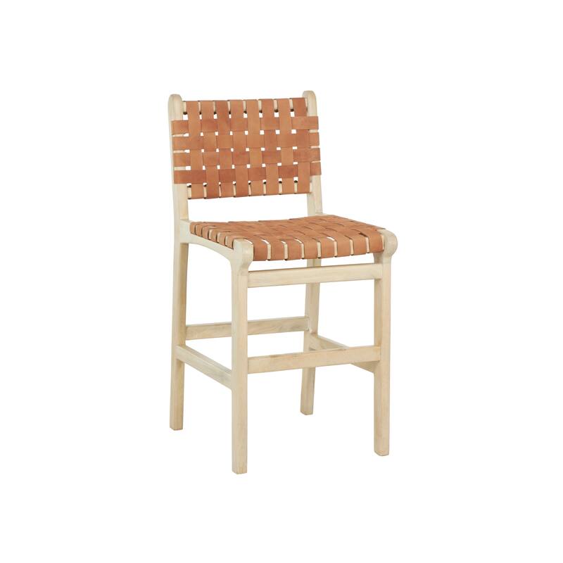 Brown Mango Wood Handmade Woven Bar Stool with Light Brown Wood Frame with Backrest and Footrest