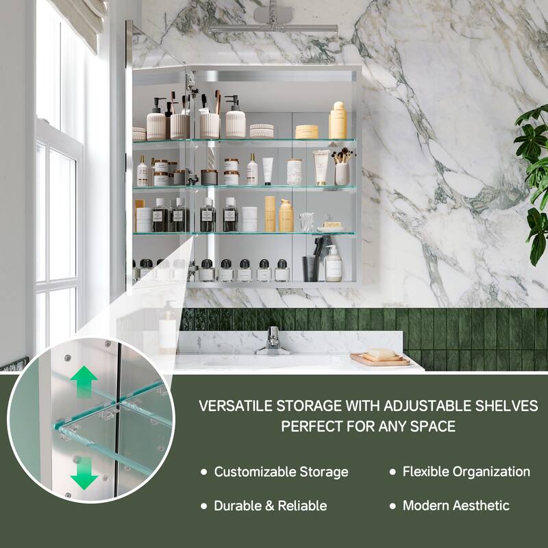24x30 in Mirrored Medicine Cabinet, Tri-View, Left Swing, Recessed/Surface, Copper-Free, Blum Soft-Close, Chrome