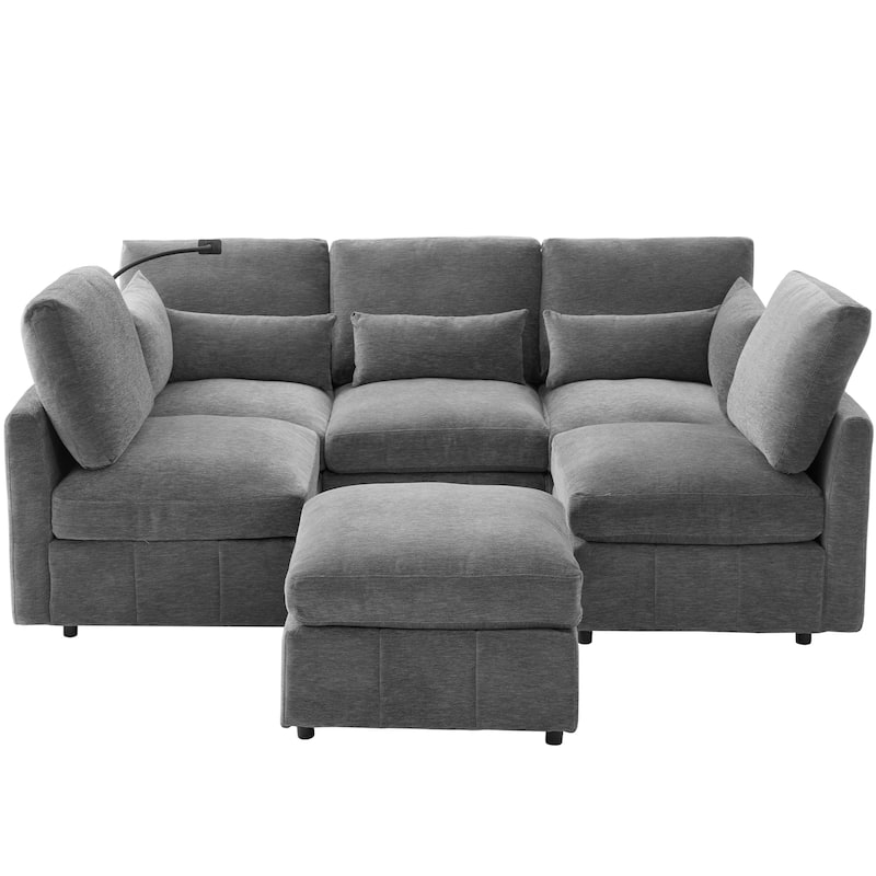 Modular Sectional Sofa with Movable Ottoman Convertible L-Shape or U-Shape Sofa Bed Built-in USB Charging Ports and Phone Holder