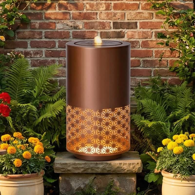 Anmytek Freestanding Outdoor Water Fountain with LED Lights Metal Candle Style Brown Backyard Garden Decor