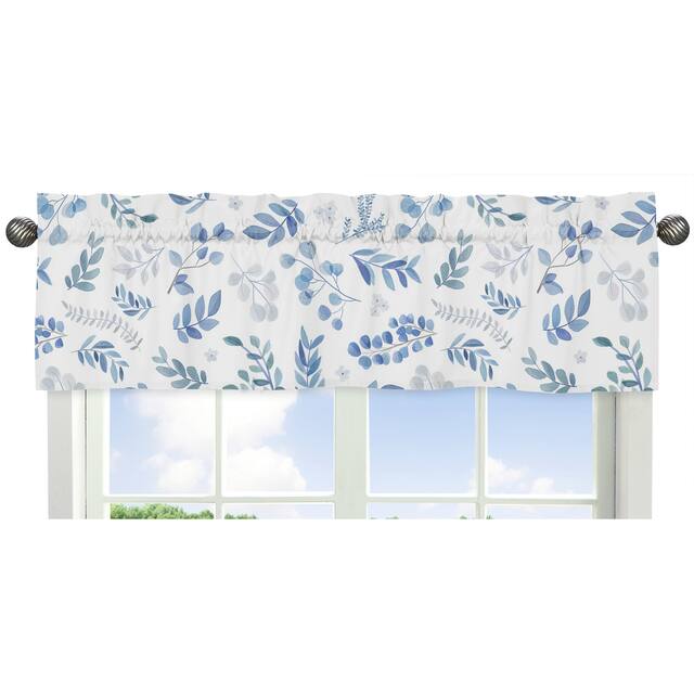 Floral Leaf Collection Window Curtain Valance - Blue Grey and White Boho Watercolor Botanical Flower Woodland Tropical Garden