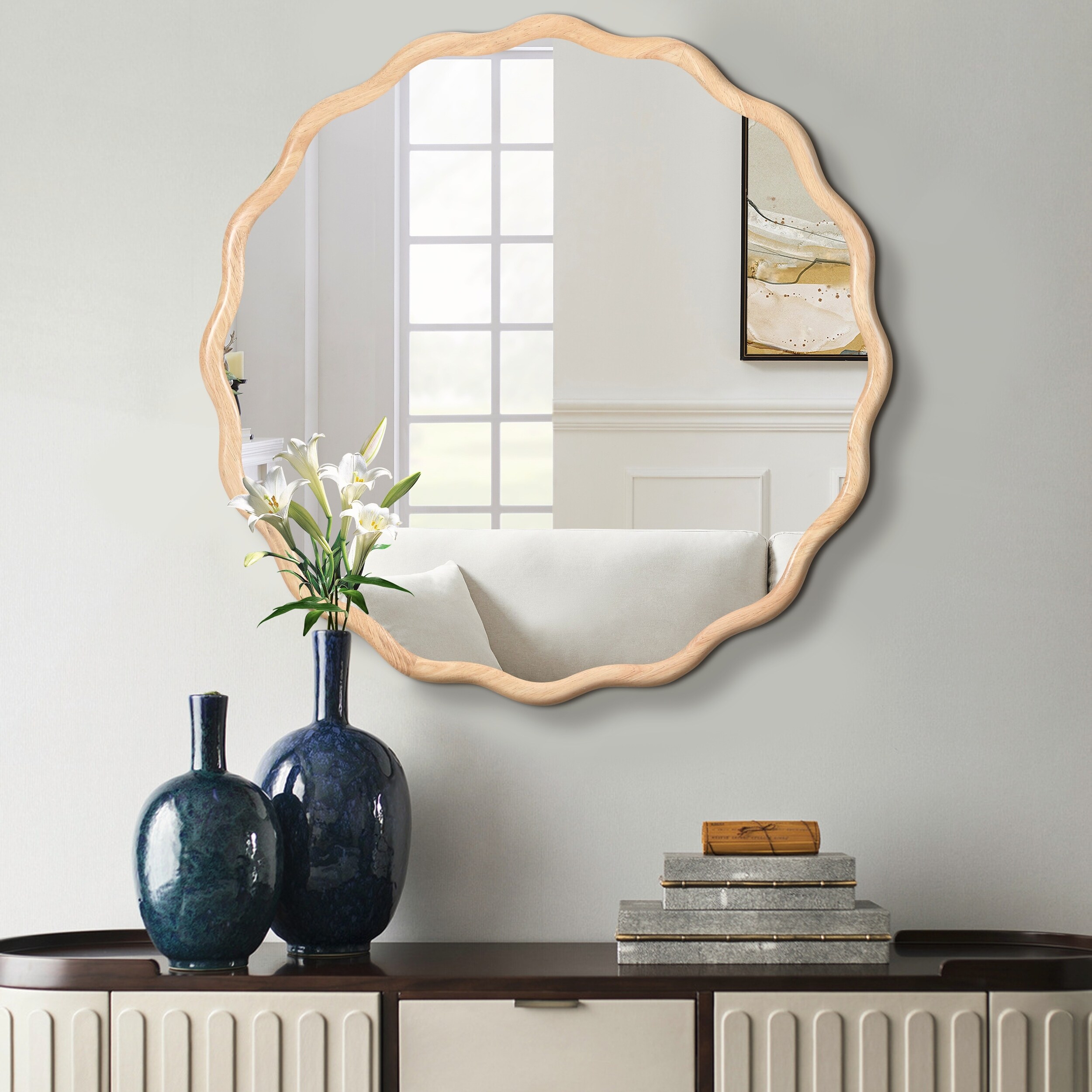 Modern Solid Wood Wall Wavy Mirror for Bathroom, Bedroom, Living Room, Dining Room, Cloakroom, Entryway